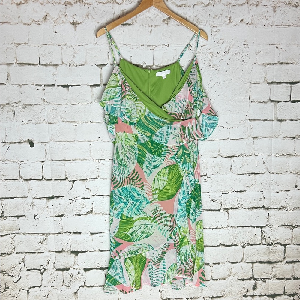 Adyson Parker Green and Pink Tropical Leaf Slip Dress
